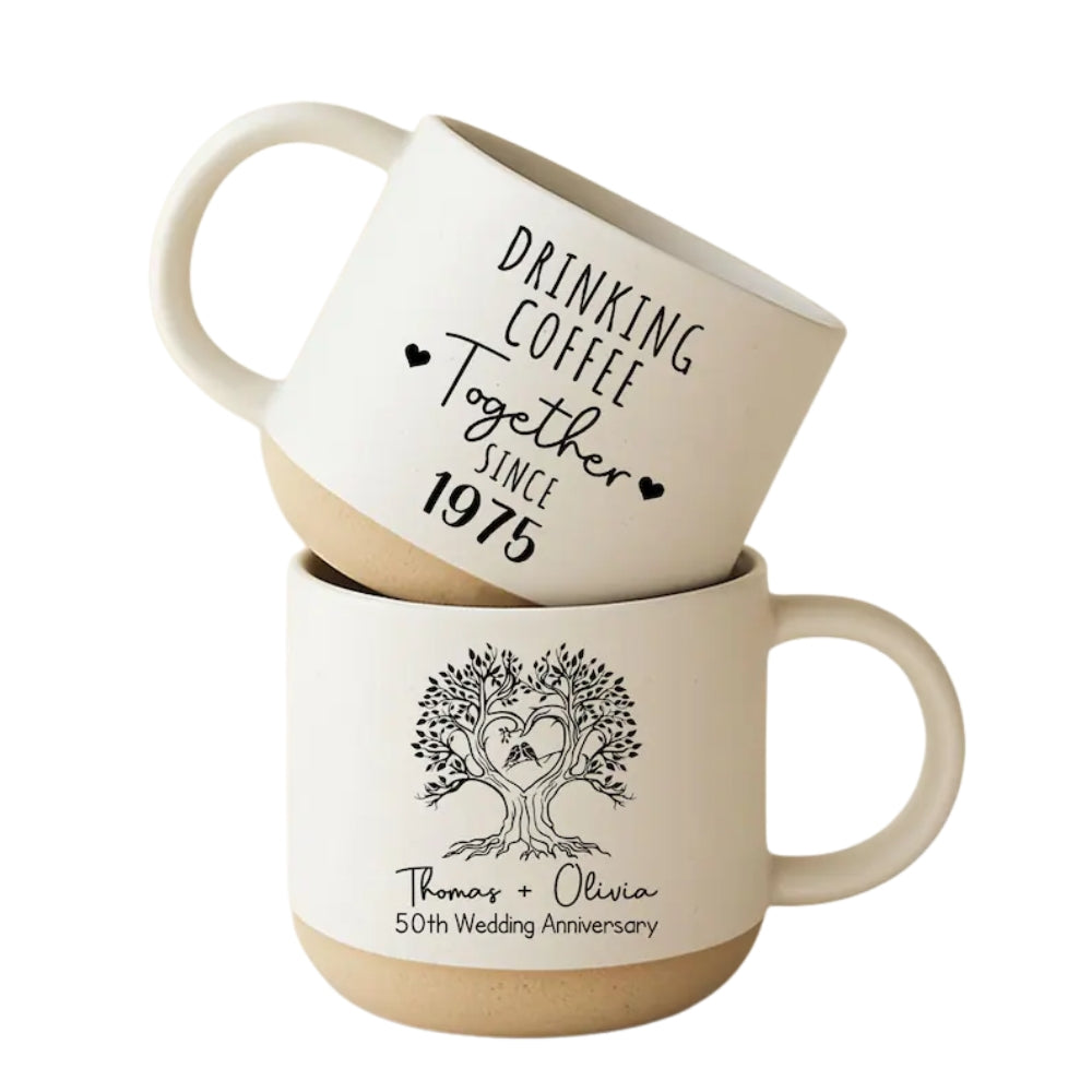 Drinking Coffee Together Personalized 50th Golden Wedding Anniversary Pottery Mug, Custom 50th Anniversary Coffee Mug WD0063