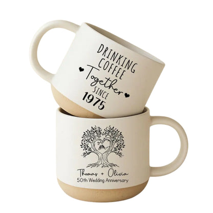 Drinking Coffee Together Personalized 50th Golden Wedding Anniversary Pottery Mug, Custom 50th Anniversary Coffee Mug WD0063
