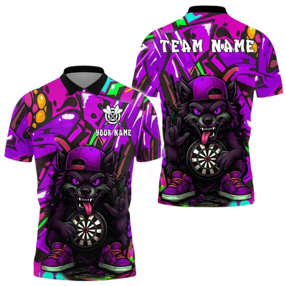 Custom Graffiti Cartoon Wolf Darts Polo Shirt Men, Custom Wolf Darts Team Shirts DE0021