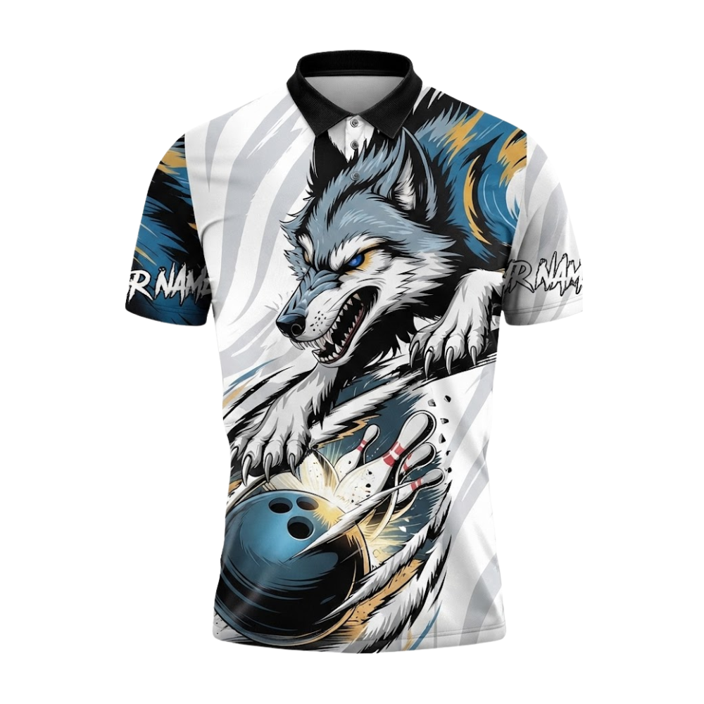 Custom Wolf Men's Blue White Bowling Polo Shirt, Custom Wolf Bowling Shirt For Team BZ0800