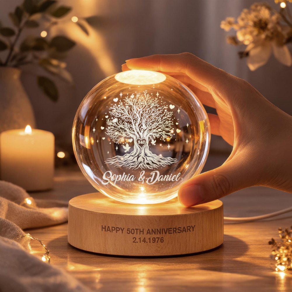 Tree Of Love Custom 50th Wedding Anniversary Crystal Ball Led Night Light, Custom Golden Wedding Keepsake Night Light WD0866