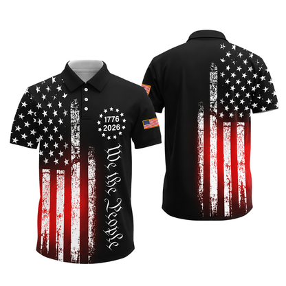 We The People 1776-2026 American Flag Men's Black Golf Polo Shirt, 4th Of July Golf Shirts GE0438