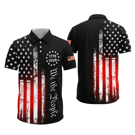 We The People 1776-2026 American Flag Men's Black Golf Polo Shirt, 4th Of July Golf Shirts GE0438