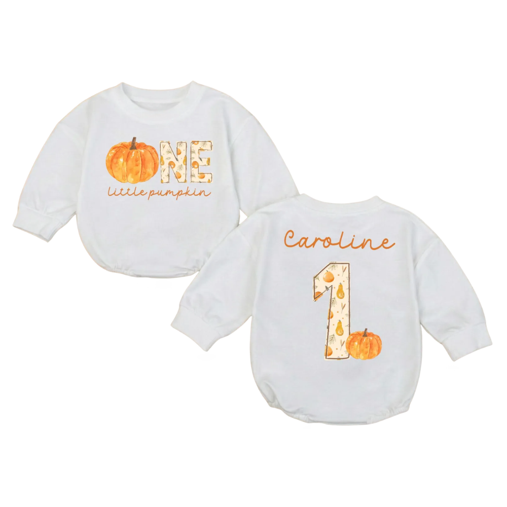 One Little Pumpkin Custom Thanksgiving Baby Romper Sweatshirt, Custom First Birthday Thanksgiving Baby Romper Sweater BB0750