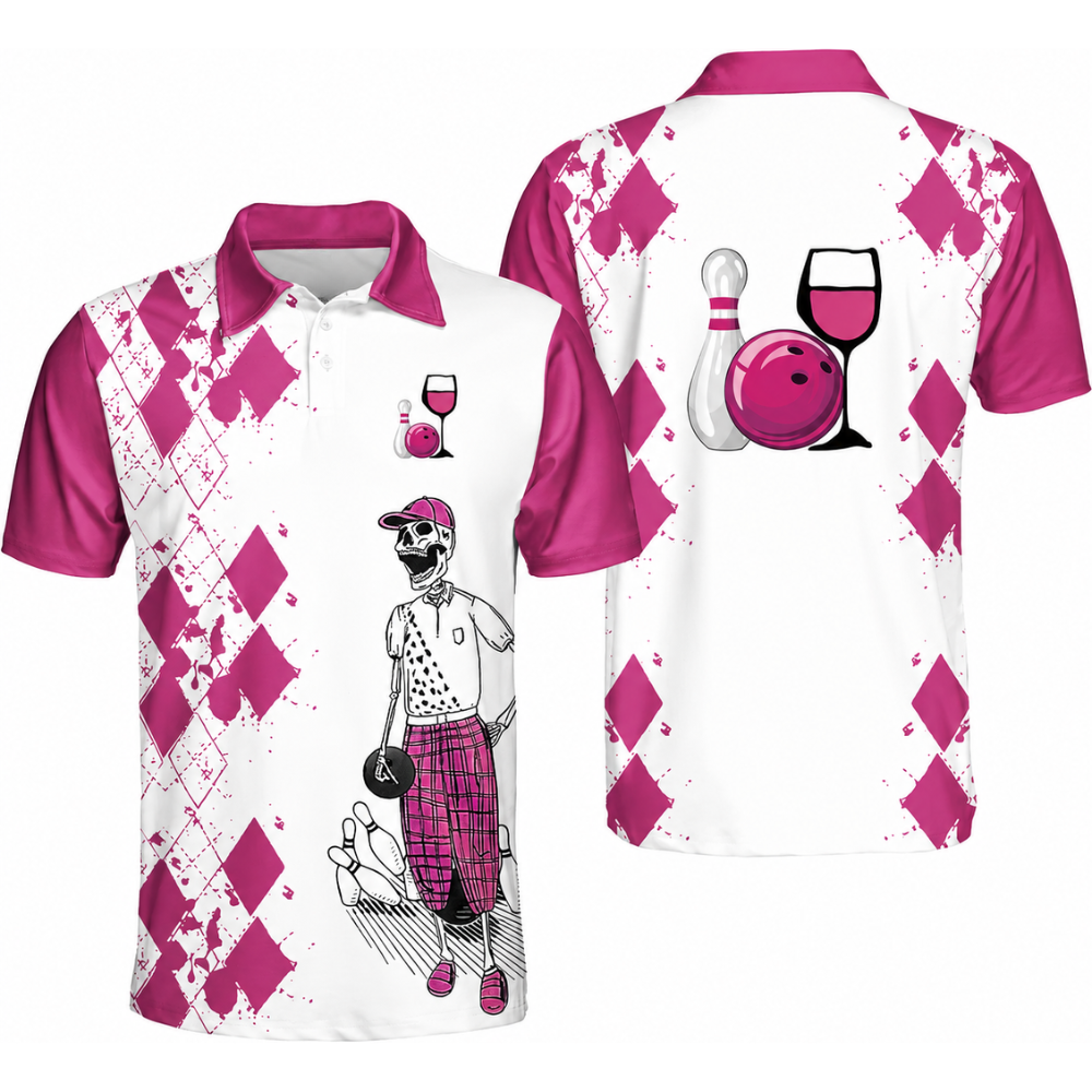 Bowling And Wine That's Why I'm Here Custom Skeleton Argyle Yellow Bowling Polo Shirt Men, Custom Wine Bowling Team Shirt BZ0470