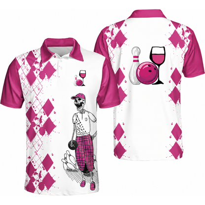 Bowling And Wine That's Why I'm Here Custom Skeleton Argyle Yellow Bowling Polo Shirt Men, Custom Wine Bowling Team Shirt BZ0470