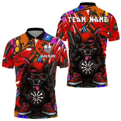 Custom Graffiti Cartoon Wolf Darts Polo Shirt Men, Custom Wolf Darts Team Shirts DE0021