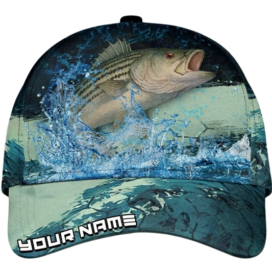 Bass Fishing Striped Custom Name 3D Printed Baseball Cap, Custom Fishing Lover Hats CP0569