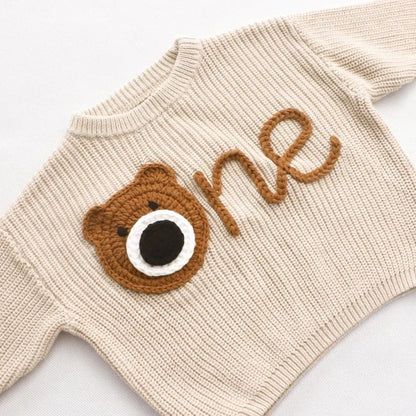 Beary One 1st Birthday Baby Embroidered Knit Sweater, Bear First Birthday Baby Sweatshirt BB0757