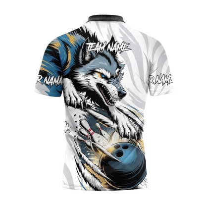 Custom Wolf Men's Blue White Bowling Polo Shirt, Custom Wolf Bowling Shirt For Team BZ0800