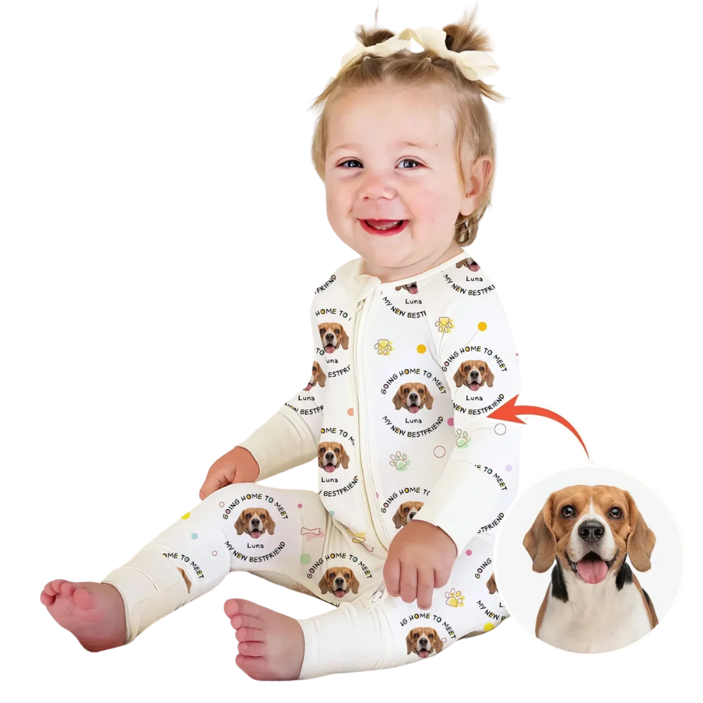 Going Home To Meet My New Bestfriend Custom Dog Face Baby Convertible Zippy Romper, Custom Pet Photo Baby Romper Convertible BB0908
