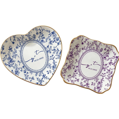 Custom Couple Initials And Date Jewelry Dish Toile De Jouy, Personalized Engagement Ring Dish WD0278