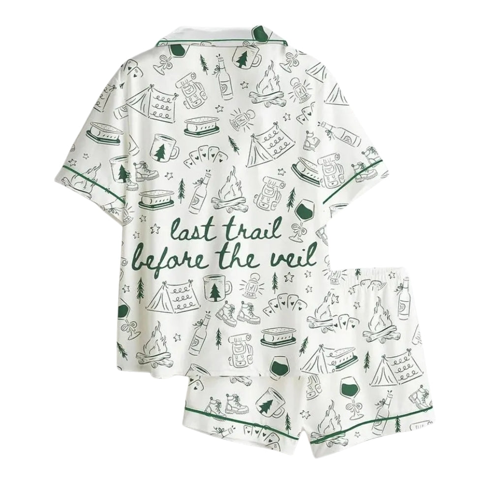 Last Trail Before The Veil Camp Bachelorette Pajamas Set, Camp Bachelorette Mountain PJs For Bride Bridesmaid WD0190