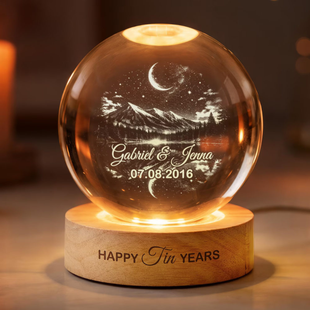 Happy Tin Years Custom Couple Name Crystal Ball Led Night Light, Custom 10 Years Wedding Anniversary Night Light WD0867