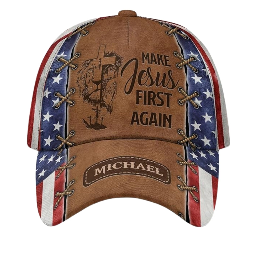 Make Jesus First Again Custom American Flag 3D Baseball Cap, Custom Christian Patriotic Caps With Name CP0463