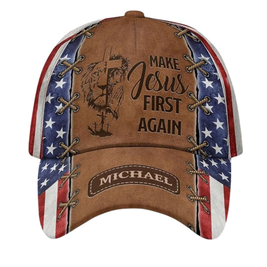 Make Jesus First Again Custom American Flag 3D Baseball Cap, Custom Christian Patriotic Caps With Name CP0463