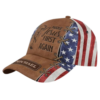 Make Jesus First Again Custom American Flag 3D Baseball Cap, Custom Christian Patriotic Caps With Name CP0463