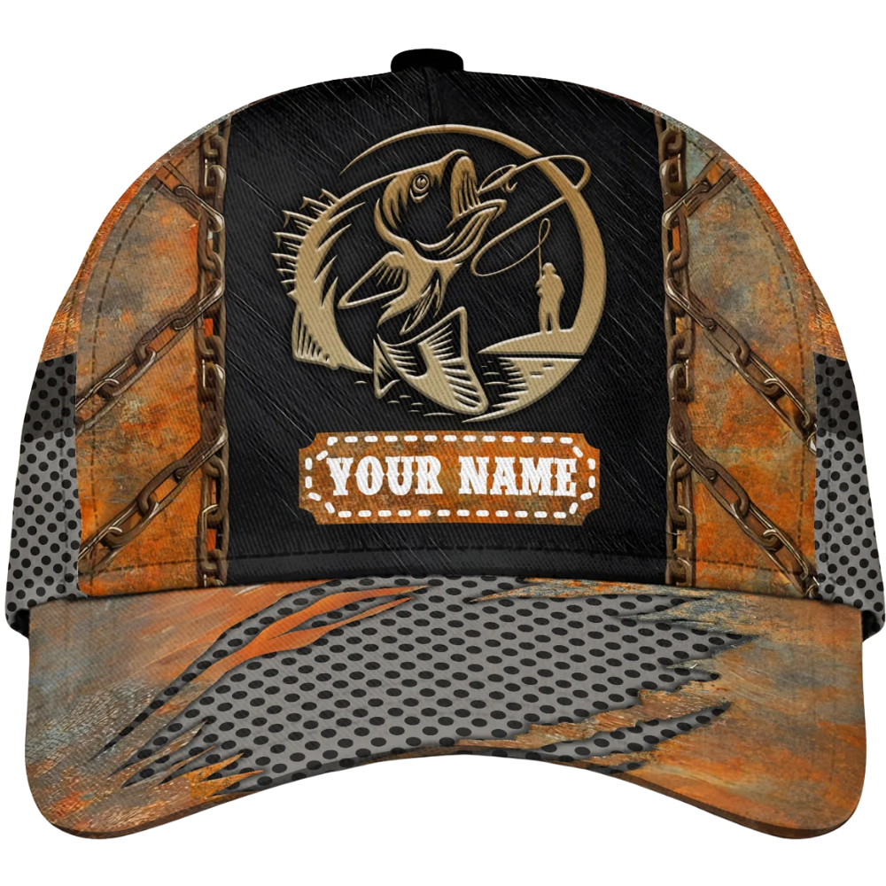 Custom Fishing Black Orange Baseball Cap, Custom Fisherman Cap Hat With Name CP0570