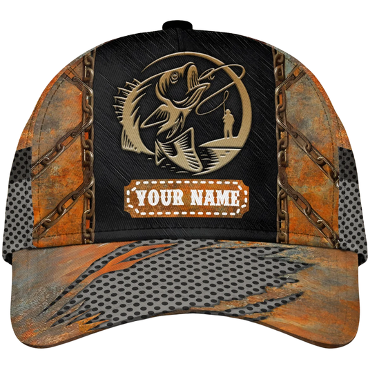 Custom Fishing Black Orange Baseball Cap, Custom Fisherman Cap Hat With Name CP0570