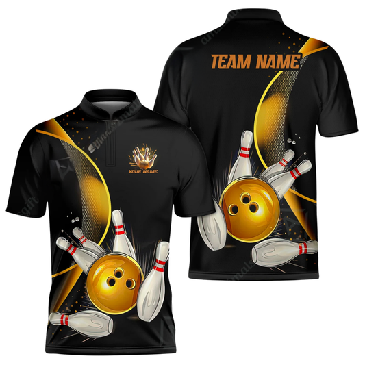Black And Gold Custom Mens Bowling Team Jersey, Custom Bowling Shirts BZ0568
