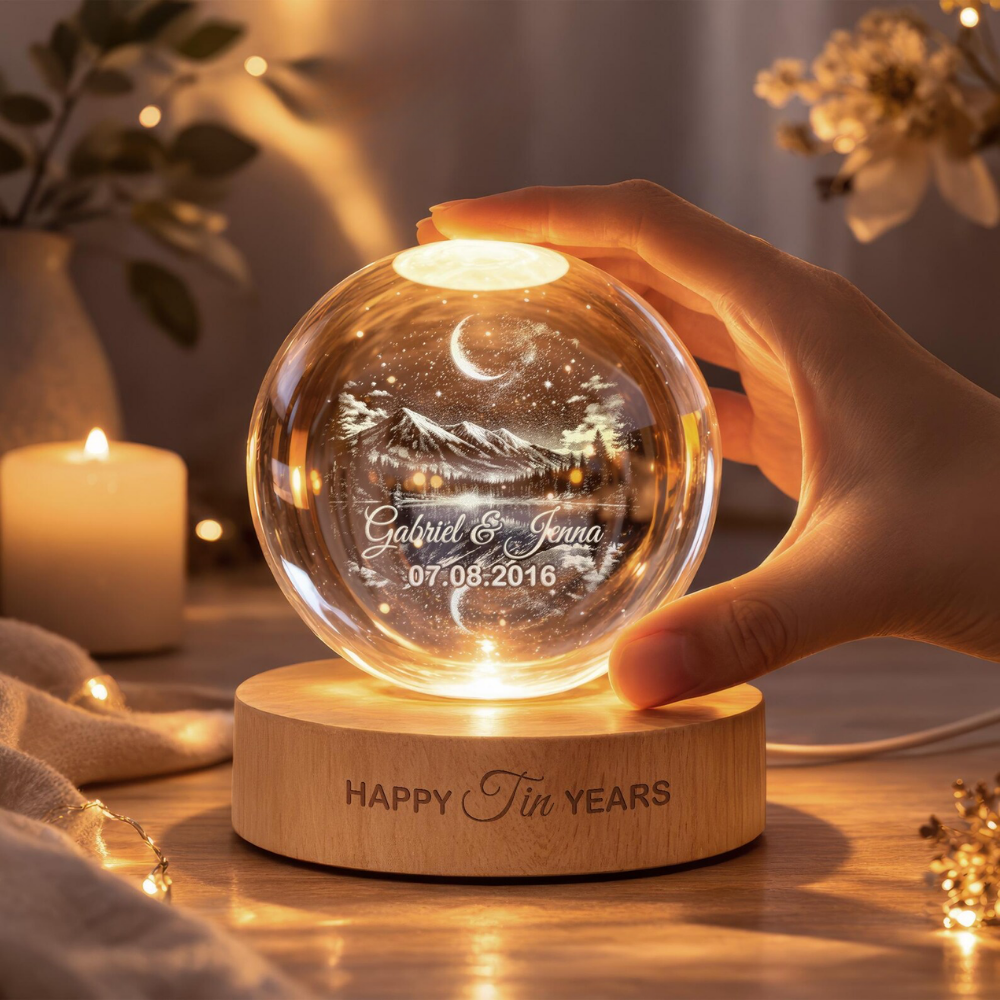Happy Tin Years Custom Couple Name Crystal Ball Led Night Light, Custom 10 Years Wedding Anniversary Night Light WD0867