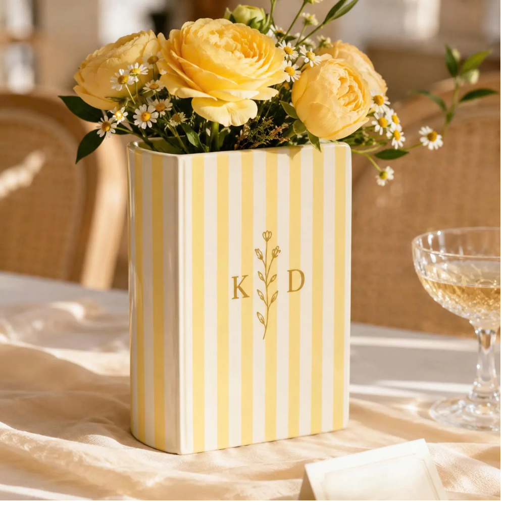 Custom Couple Name Initials Striped Ceramic Book Vase For Wedding Engagement Anniversary, Custom Striped Wedding Book Vase WD0572