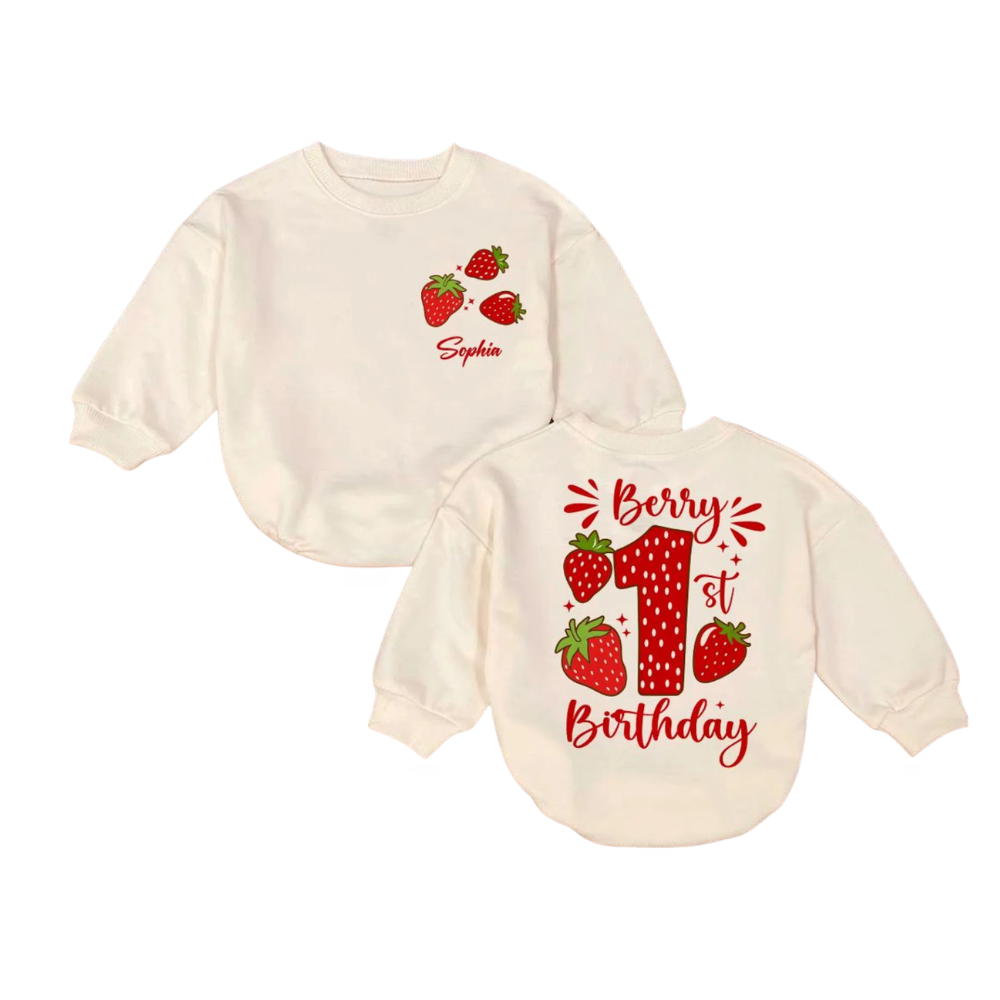 Personalized Berry 1st Birthday Baby Romper Sweatshirt, Custom Strawberry First Birthday Baby Romper Sweater BB0752