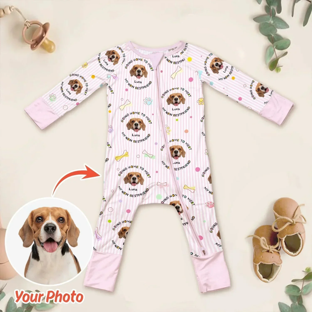 Going Home To Meet My New Bestfriend Custom Dog Face Baby Convertible Zippy Romper, Custom Pet Photo Baby Romper Convertible BB0908