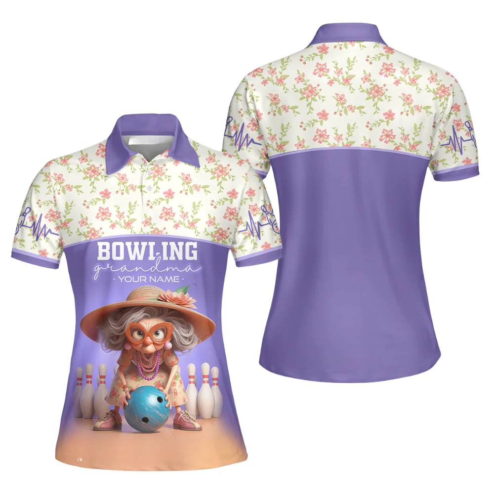 Custom Bowling Grandma Flower Purple Polo Shirt For Women, Custom Floral Bowling Shirt For Grandma BZ0471