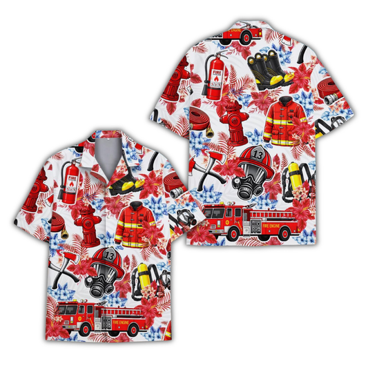 Firefighter Red Hibiscus Hawaiian Shirt For Men, Firefighter Tropical Hawaiian Shirt HE0938