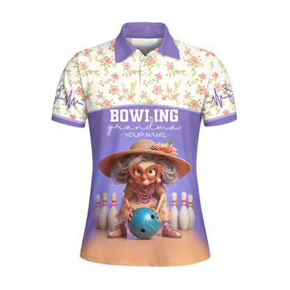 Custom Bowling Grandma Flower Purple Polo Shirt For Women, Custom Floral Bowling Shirt For Grandma BZ0471
