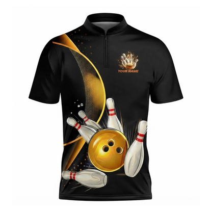 Black And Gold Custom Mens Bowling Team Jersey, Custom Bowling Shirts BZ0568
