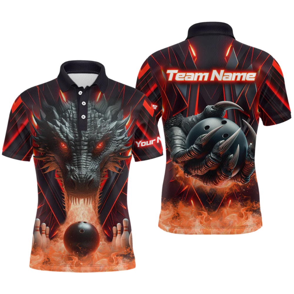 Custom Dragon Flame Mens Bowling Polo Shirt Black Red, Custom Dragon Bowling Shirts For Team BZ0594