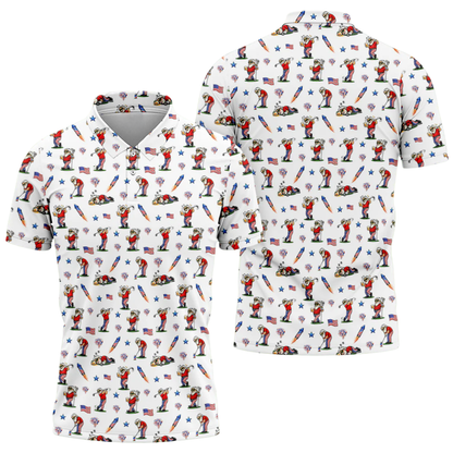 American Flag Funny Old Man Pattern White Golf Polo Shirt For Men, Funny 4th Of July Golf Shirts GZ0315