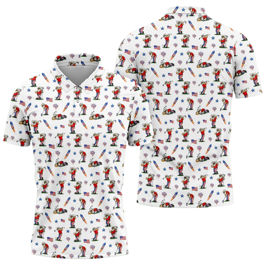 American Flag Funny Old Man Pattern White Golf Polo Shirt For Men, Funny 4th Of July Golf Shirts GZ0315