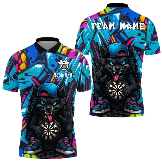 Custom Graffiti Cartoon Wolf Darts Polo Shirt Men, Custom Wolf Darts Team Shirts DE0021