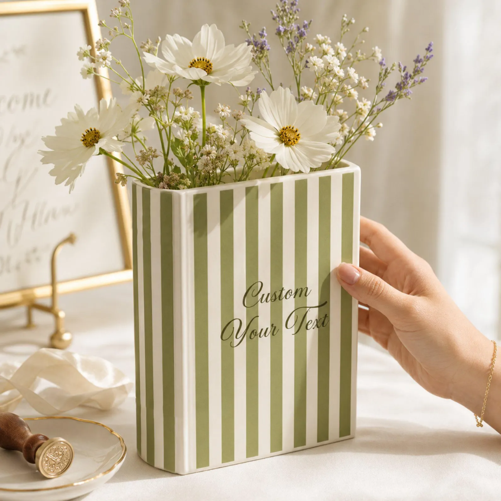 Custom Couple Name Initials Striped Ceramic Book Vase For Wedding Engagement Anniversary, Custom Striped Wedding Book Vase WD0572