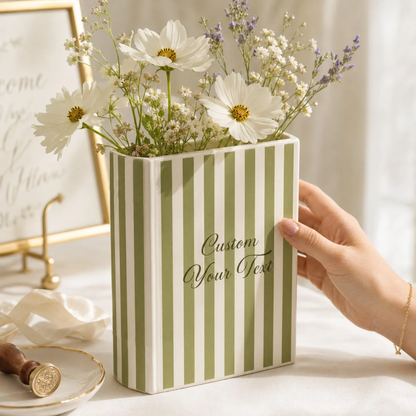 Custom Couple Name Initials Striped Ceramic Book Vase For Wedding Engagement Anniversary, Custom Striped Wedding Book Vase WD0572