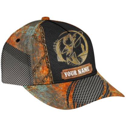 Custom Fishing Black Orange Baseball Cap, Custom Fisherman Cap Hat With Name CP0570