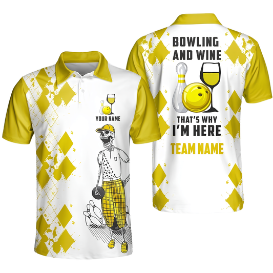 Bowling And Wine That's Why I'm Here Custom Skeleton Argyle Yellow Bowling Polo Shirt Men, Custom Wine Bowling Team Shirt BZ0470