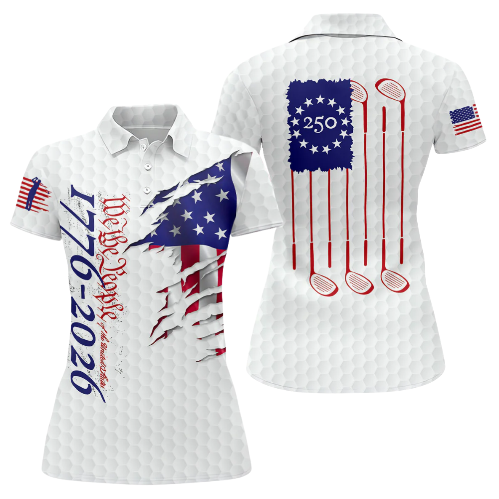 Women's We The People 1776-2026 White Grunge American Flag Golf Polo Shirt, Fourth Of July Golf Shirt For Ladies GZ0296