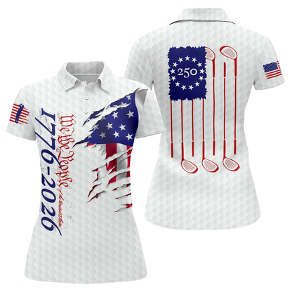 Women's We The People 1776-2026 White Grunge American Flag Golf Polo Shirt, Fourth Of July Golf Shirt For Ladies GZ0296