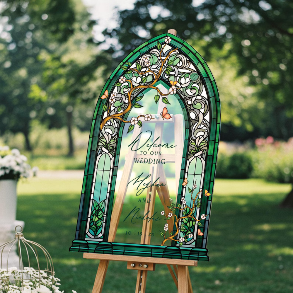 Personalized Emerald Green Stained Glass Wedding Welcome Acrylic Sign, Custom Stained Glass Wedding Welcome Sign WD0663