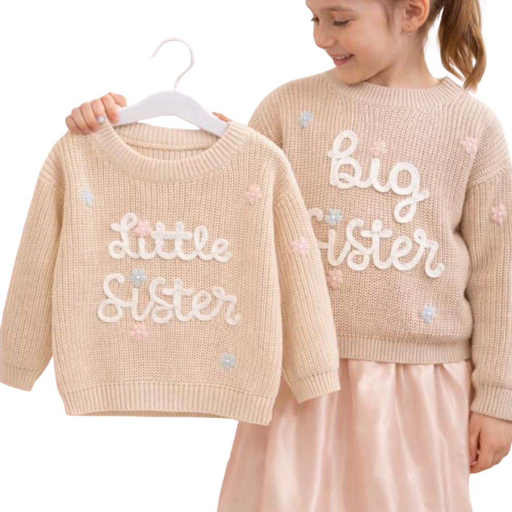 Big Sister Little Sister Baby Embroidered Knit Sweater, Sister Sibling Baby Sweatshirt BB0795