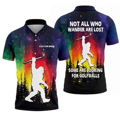 Not All Who Wander Are Lost Some Are Looking For Golf Balls Custom Colorful Bigfoot Golf Polo Shirt Men, Custom Funny Sasquatch Golf Shirts GZ0267