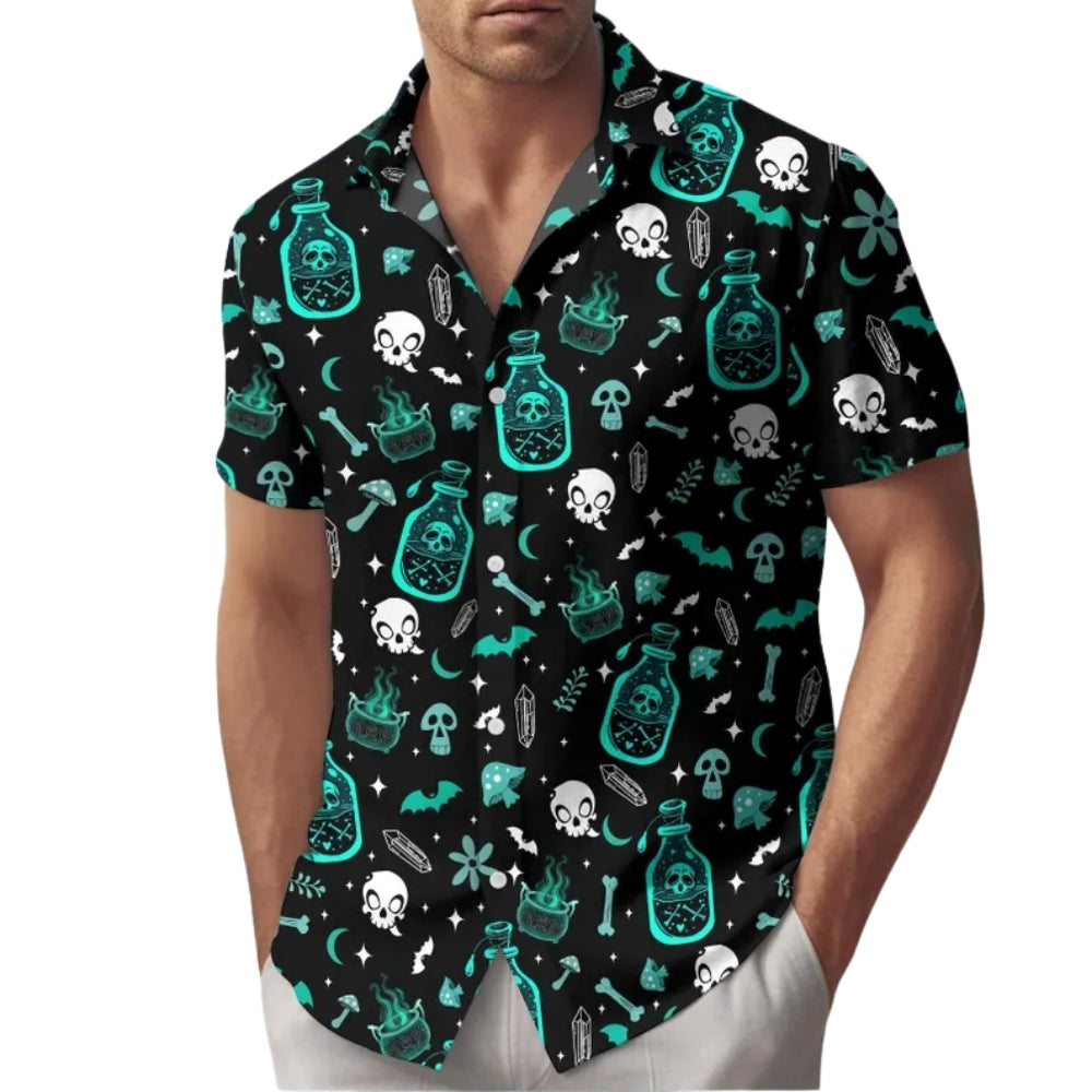 Witch Skull Black Cyan Hawaiian Shirt For Men, Skull Hawaiian Shirts HE0176