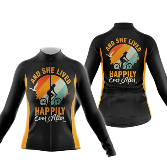 And She Lived Happily Ever After Long Sleeve Cycling Jersey For Women, Black And Orange Cycling Jersey For Ladies CG0754