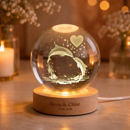 Custom Dolphin Couple Crystal Ball Led Night Light, Custom Dolphin Wedding Keepsake Night Light WD0868