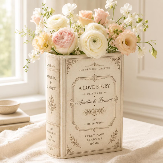 Our Greatest Chapter Custom Wedding Love Story Ceramic Book Vase, Custom Vintage Wedding Flower Vase WD0548