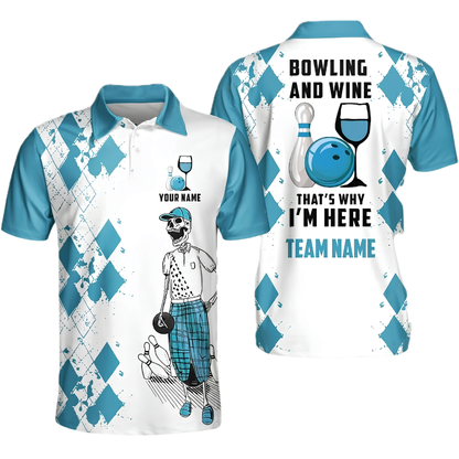 Bowling And Wine That's Why I'm Here Custom Skeleton Argyle Yellow Bowling Polo Shirt Men, Custom Wine Bowling Team Shirt BZ0470